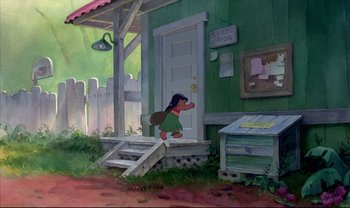 Movie still from “Lilo & Stitch” (2002), directed by Dean DeBlois – A painting of a woman walking down the steps of a house; Wide shot, High angle