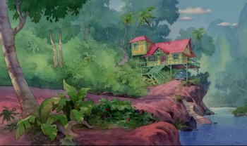 A painting of a house in the middle of the jungle