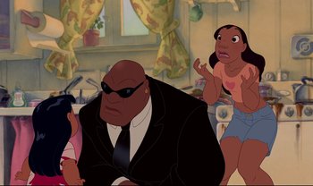 Movie still from “Lilo & Stitch” (2002), directed by Dean DeBlois – A group of people standing in a room; Medium shot, Over the shoulder angle