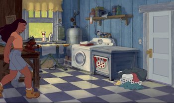 Movie still from “Lilo & Stitch” (2002), directed by Dean DeBlois – An illustration of a kitchen with a washer and dryer; Extreme Wide shot, High angle