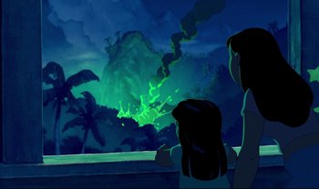 Movie still from “Lilo & Stitch” (2002), directed by Dean DeBlois – Two people looking out at an erupting volcano; Extreme Wide shot, Low angle