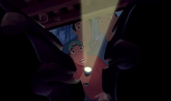 Movie still from “Lilo & Stitch” (2002), directed by Dean DeBlois – A group of people in a room with a flashlight; Medium shot, Overhead angle