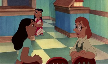 Movie still from “Lilo & Stitch” (2002), directed by Dean DeBlois – A group of people sitting in a room; Wide shot, Over the shoulder angle