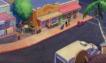 Movie still from “Lilo & Stitch” (2002), directed by Dean DeBlois – An animated scene of a street with a store and a cat; Extreme Wide shot, High angle