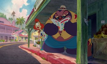 Movie still from “Lilo & Stitch” (2002), directed by Dean DeBlois – Two cartoon characters sitting on the sidewalk reading a newspaper; Wide shot, Low angle