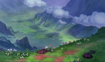 Movie still from “Lilo & Stitch” (2002), directed by Dean DeBlois – An artistic painting of a mountain with clouds in the background; Extreme Wide shot, High angle