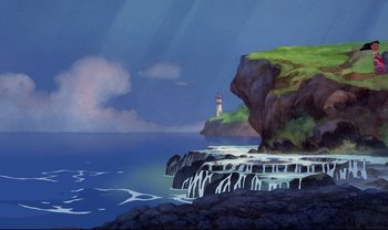 Movie still from “Lilo & Stitch” (2002), directed by Dean DeBlois – A painting of a light house on a cliff by the ocean; Extreme Wide shot, Low angle