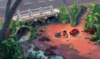Movie still from “Lilo & Stitch” (2002), directed by Dean DeBlois – An animated scene of a boy and a dog; Extreme Wide shot, Overhead angle
