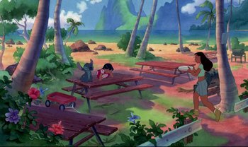 Movie still from “Lilo & Stitch” (2002), directed by Dean DeBlois – A painting of a picnic area with picnic tables and benches; Extreme Wide shot, High angle