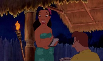 Movie still from “Lilo & Stitch” (2002), directed by Dean DeBlois – An animated scene of a woman holding a book; Medium shot, Over the shoulder angle