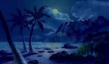 Movie still from “Lilo & Stitch” (2002), directed by Dean DeBlois – A painting of a tropical beach at night with palm trees; Extreme Wide shot, High angle