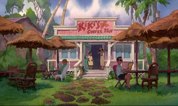 Movie still from “Lilo & Stitch” (2002), directed by Dean DeBlois – An illustration of people sitting in chairs outside of a coffee shop; Extreme Wide shot, Low angle