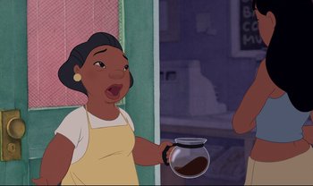 Movie still from “Lilo & Stitch” (2002), directed by Dean DeBlois – An animated woman holding a coffee pot in her hand; Medium shot, High angle