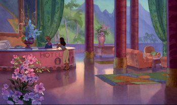 Movie still from “Lilo & Stitch” (2002), directed by Dean DeBlois – A painting of a hotel lobby with two people sitting at a desk; Extreme Wide shot, Overhead angle