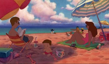 Movie still from “Lilo & Stitch” (2002), directed by Dean DeBlois – An illustration of people on the beach under a cloudy sky; Extreme Wide shot, High angle