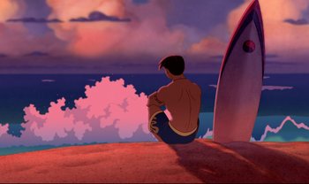 Movie still from “Lilo & Stitch” (2002), directed by Dean DeBlois – A man sitting on the beach looking out at the ocean; Extreme Wide shot, Low angle