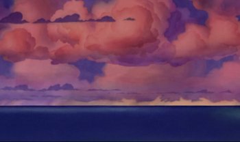 Movie still from “Lilo & Stitch” (2002), directed by Dean DeBlois – A painting of the sky and the ocean at sunset; Extreme Wide shot, Low angle