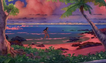 Movie still from “Lilo & Stitch” (2002), directed by Dean DeBlois – A painting of a woman standing in the ocean; Extreme Wide shot, High angle