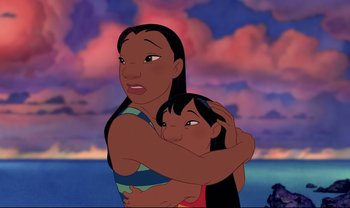 Movie still from “Lilo & Stitch” (2002), directed by Dean DeBlois – An animated woman holding a little girl in her arms; Close Up shot, Low angle