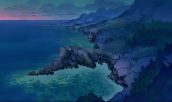 Movie still from “Lilo & Stitch” (2002), directed by Dean DeBlois – A painting of a body of water and a cliff; Extreme Wide shot, High angle