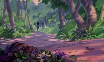Movie still from “Lilo & Stitch” (2002), directed by Dean DeBlois – A painting of a person walking down a path in the woods; Extreme Wide shot, High angle