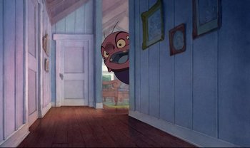 Movie still from “Lilo & Stitch” (2002), directed by Dean DeBlois – An image of an animated character in a room; Wide shot, Low angle