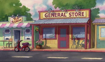 Movie still from “Lilo & Stitch” (2002), directed by Dean DeBlois – A painting of a general store with a scooter parked in front of it; Extreme Wide shot, High angle