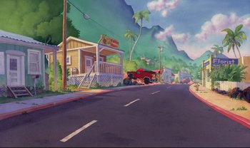 Movie still from “Lilo & Stitch” (2002), directed by Dean DeBlois – An illustration of a street with a truck parked on the side of the road; Extreme Wide shot, Low angle