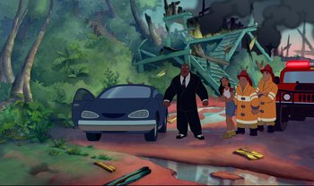 Movie still from “Lilo & Stitch” (2002), directed by Dean DeBlois – A scene from the animated film the flintstones; Extreme Wide shot, High angle