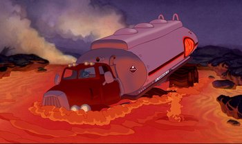 Movie still from “Lilo & Stitch” (2002), directed by Dean DeBlois – An illustration of a truck on fire with flames coming out of the back; Extreme Wide shot, Low angle