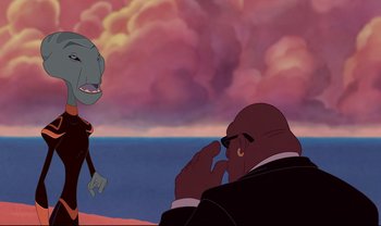 Movie still from “Lilo & Stitch” (2002), directed by Dean DeBlois – An animated picture of a man and a woman; Medium shot, Over the shoulder angle