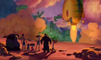 Movie still from “Lilo & Stitch” (2002), directed by Dean DeBlois – A group of people standing in the desert; Extreme Wide shot, Low angle