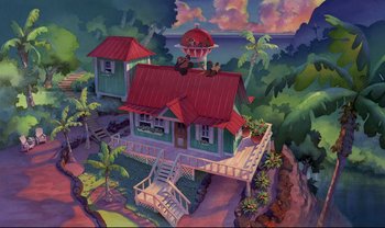 A painting of a house in the middle of a tropical island