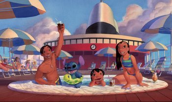 Movie still from “Lilo & Stitch” (2002), directed by Dean DeBlois – A group of people sitting in a pool with an island in the background; Wide shot, Low angle
