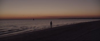 Movie still from “Lion” (2016), directed by Garth Davis – A person standing on a beach at sunset; Extreme Wide shot, Low angle