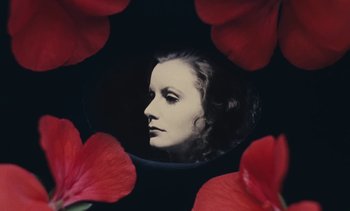 Movie still from “Lions Love (... and Lies)” (1969), directed by Agnès Varda – A black and white photo of a woman surrounded by red flowers; Extreme Close Up shot, Overhead angle