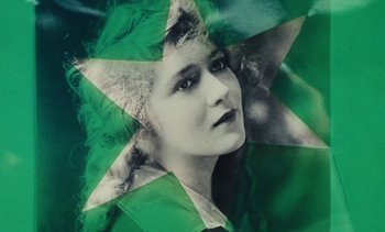 Movie still from “Lions Love (... and Lies)” (1969), directed by Agnès Varda – An old photo of a woman with a star on it; Extreme Close Up shot, Overhead angle