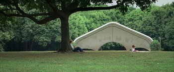 Movie still from “Little Children” (2006), directed by Todd Field – A woman sitting under a tree in a park; Extreme Wide shot, Low angle