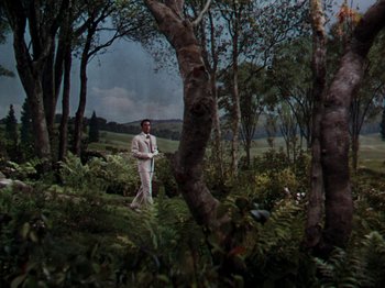 Movie still from “Little Women” (1949), directed by Mervyn LeRoy – A man standing in the middle of a lush green forest; Extreme Wide shot, High angle