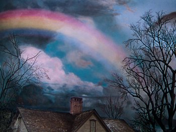 Movie still from “Little Women” (1949), directed by Mervyn LeRoy – A painting of a rainbow in the sky above a house; Extreme Wide shot, Low angle