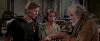 Movie still from “Logan's Run” (1976), directed by Michael Anderson – A group of people standing next to each other in a room; Medium shot, Over the shoulder angle