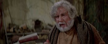 Movie still from “Logan's Run” (1976), directed by Michael Anderson – An old man with a beard and a white beard; Close Up shot, Low angle