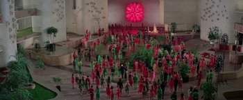 Movie still from “Logan's Run” (1976), directed by Michael Anderson – A group of people standing in front of a building; Extreme Wide shot, High angle