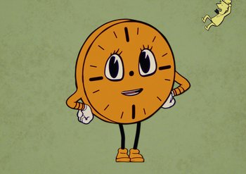 Movie still from “Loki” (2021), created by Michael Waldron – An orange clock with a face and a face that has been drawn; Extreme Close Up shot, Low angle