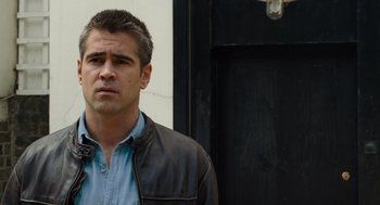 Movie still from “London Boulevard” (2010), directed by William Monahan – A person wearing a leather jacket; Close Up shot, Over the shoulder angle