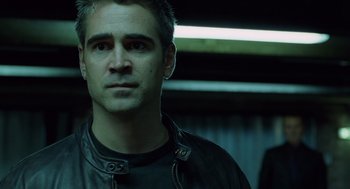 Movie still from “London Boulevard” (2010), directed by William Monahan – A person wearing a leather jacket; Close Up shot, Over the shoulder angle