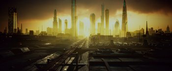 Movie still from “Lone Survivor” (2013), directed by Peter Berg – An image of a city that looks like the future; Extreme Wide shot, High angle