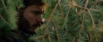 Movie still from “Lone Survivor” (2013), directed by Peter Berg – A man with a beard looking at the camera through some leaves; Close Up shot, Over the shoulder angle