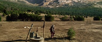 Movie still from “Lone Survivor” (2013), directed by Peter Berg – A person in a field near a forest; Extreme Wide shot, High angle