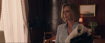 Movie still from “Long Shot” (2019), directed by Jonathan Levine – Charlize theron in the movie a million little things; Medium shot, Over the shoulder angle